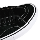 Toe box of Black suede Vans Skateboarding Skate AVE Classic Anthony Van Engelen pro model skateboard sneaker on a white background