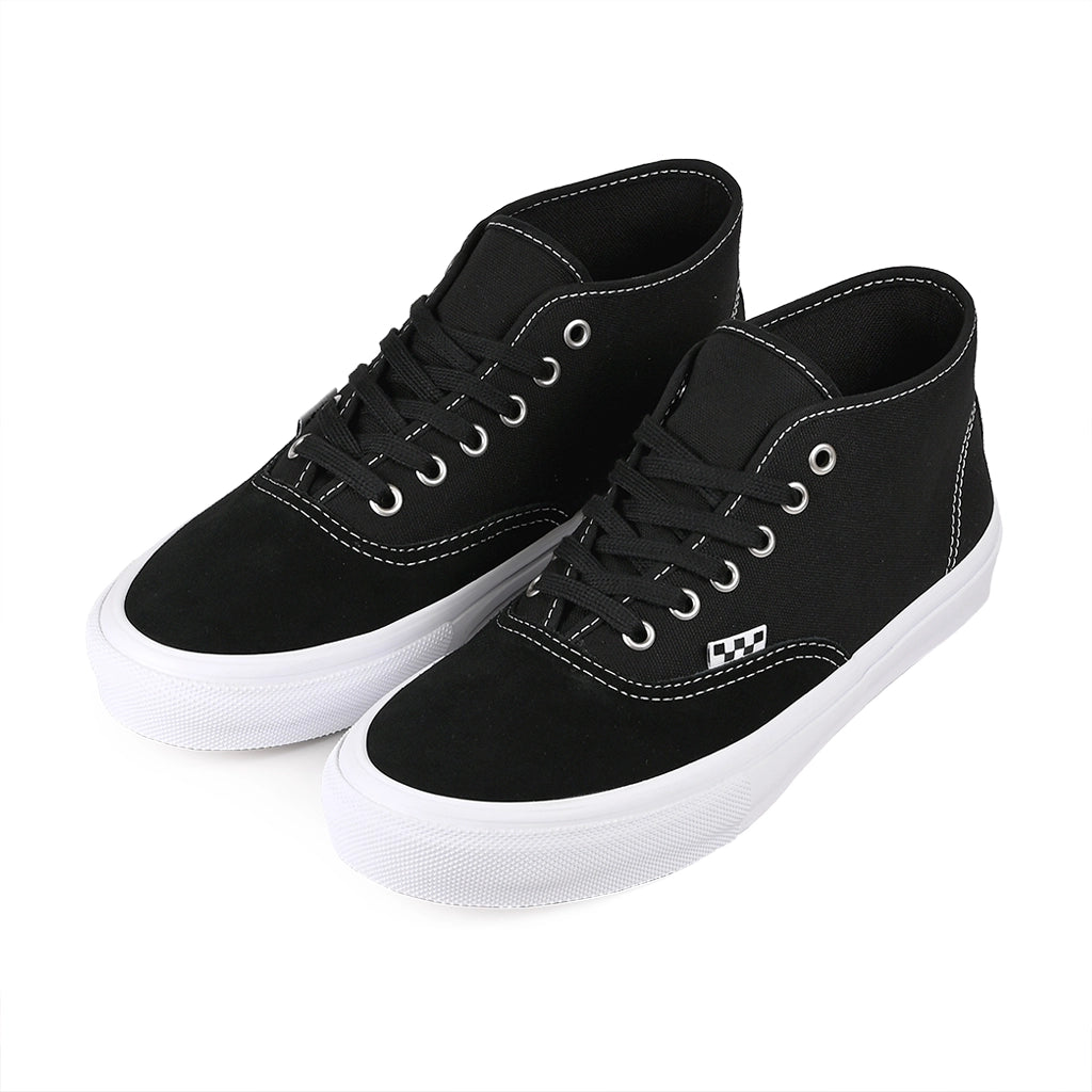 Pair of black Vans Skateboarding Authentic High sneakers with white soles on a white background