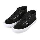 Pair of black Vans Skateboarding Authentic High sneakers with white soles on a white background