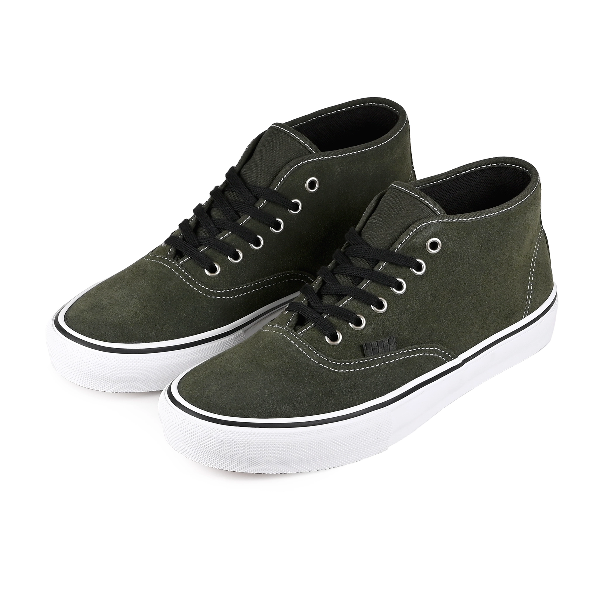 A pair of Obsidian Fern Vans Skateboarding Skate Authentic Mid skateboard sneakers on a white background