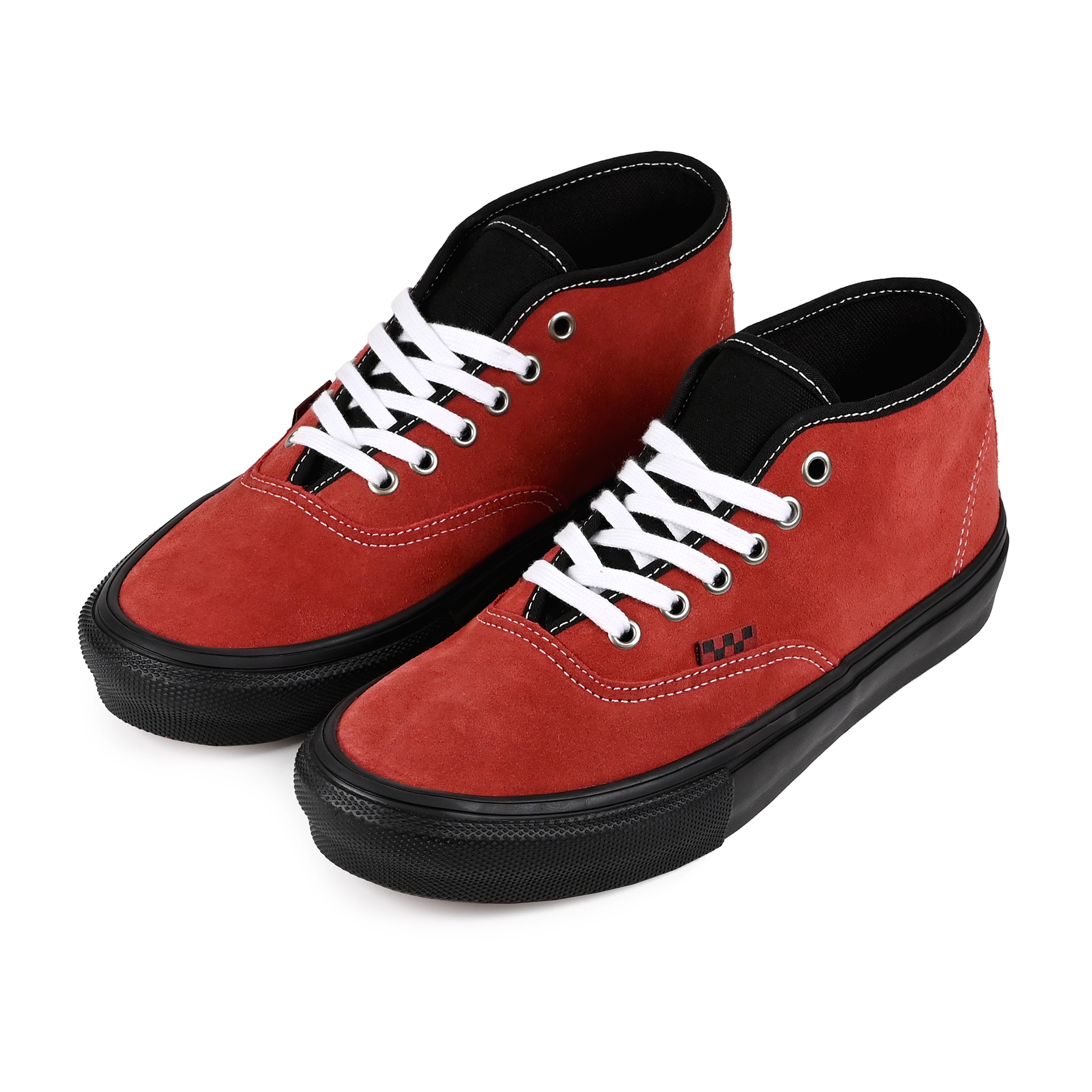 A pair of Ember red Vans Skateboarding Skate Authentic Mid skateboard sneakers with a black sole on a white background