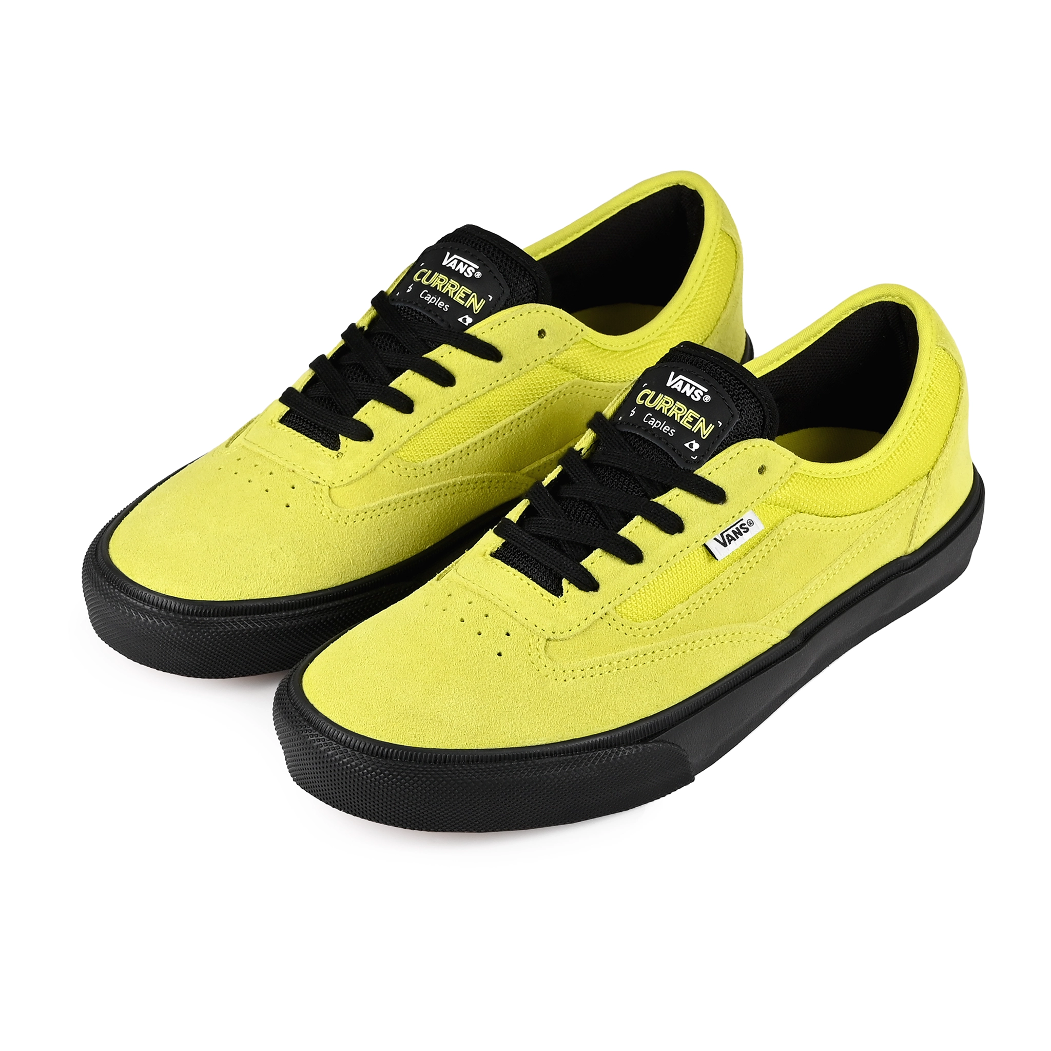 A pair of Fluro Lime Vans Skateboarding Skate Curren Caples pro model skateboard sneakers with a black midsole on a white background