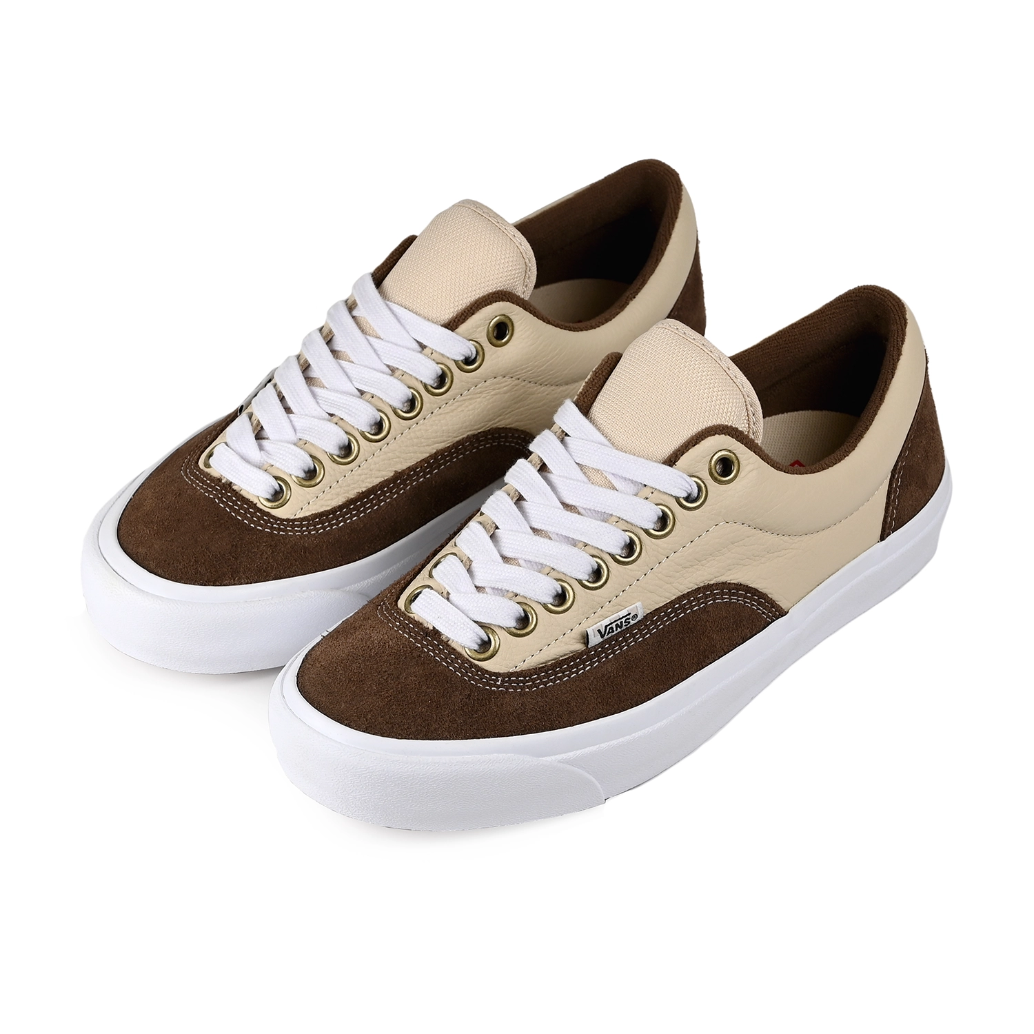 A pair of brown and tan Vans Skateboarding Skate Era Stub men's skateboard sneakers on a white background