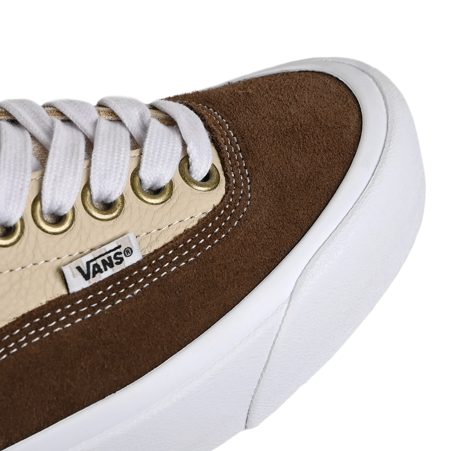Toe box of Brown and tan Vans Skateboarding Skate Era Stub men's skateboard sneaker on a white background