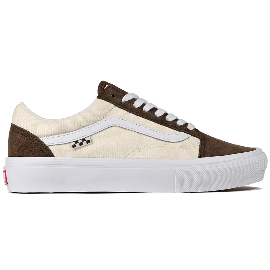 Brown and beige Vans Skateboarding Old Skool sneaker with white sole on a white background