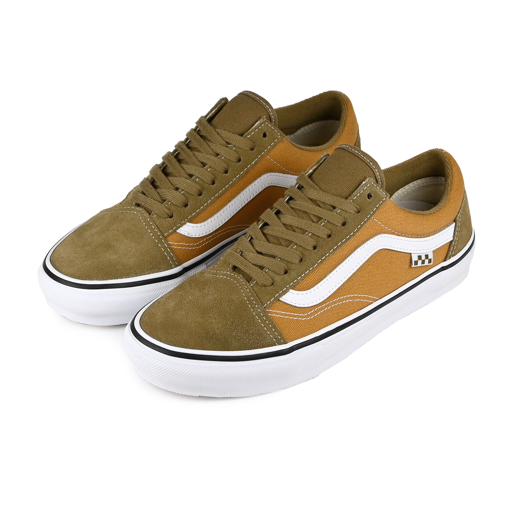 A pair of Light khaki and olive Vans Skateboarding Skate Old Skool skateboard sneaker on a white background
