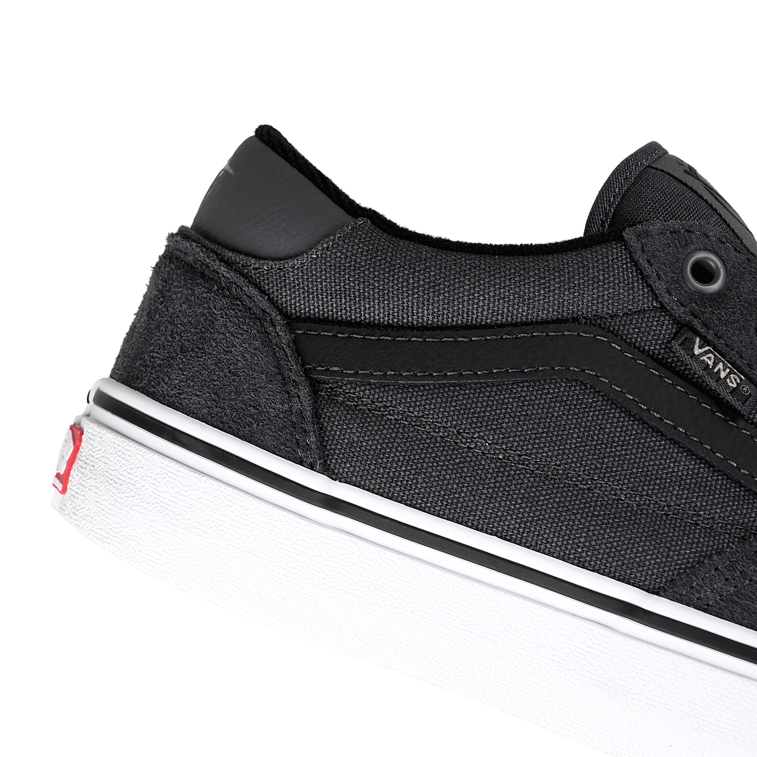 Close up of Asphalt and white Vans Skateboarding Rowan Zorilla pro model men's skateboard sneaker on a white background