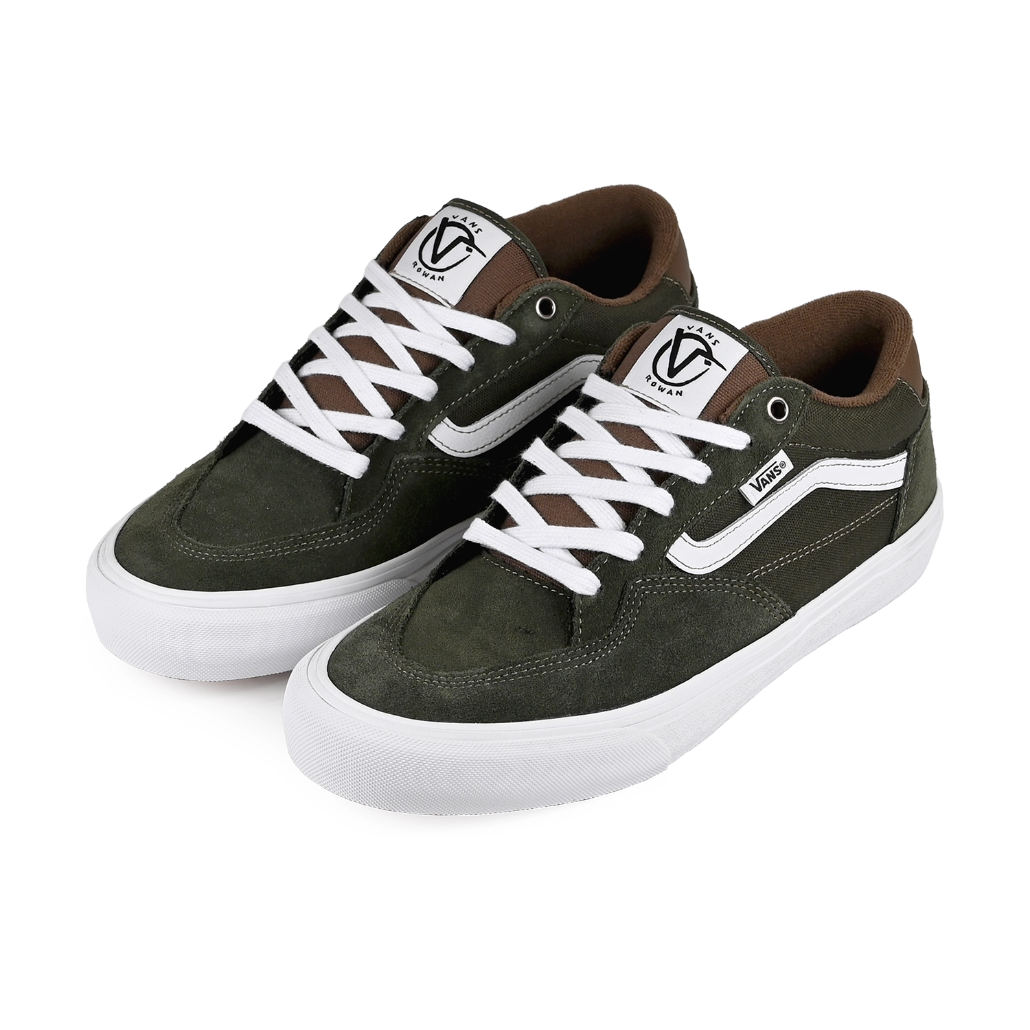 A pair of Vans Rowan sneakers in green with white sole on a white background