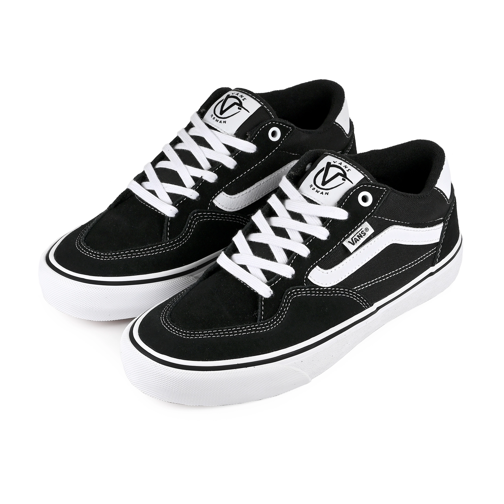 A pair of Black and true white Vans Skateboarding Skate Rowan Zorilla pro model skateboard sneakers on a white background