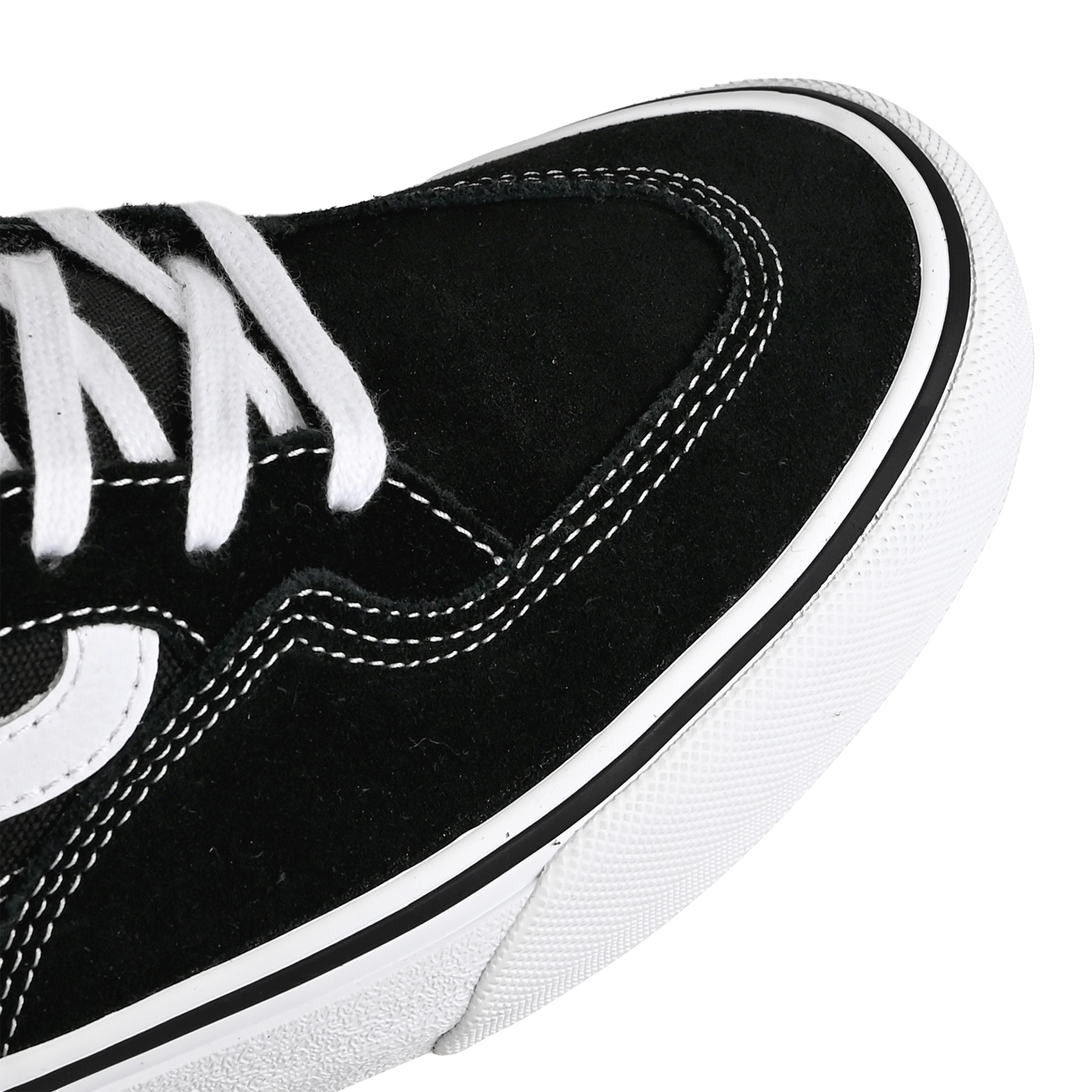 Toe box of Black and true white Vans Skateboarding Skate Rowan Zorilla pro model skateboard sneaker on a white background
