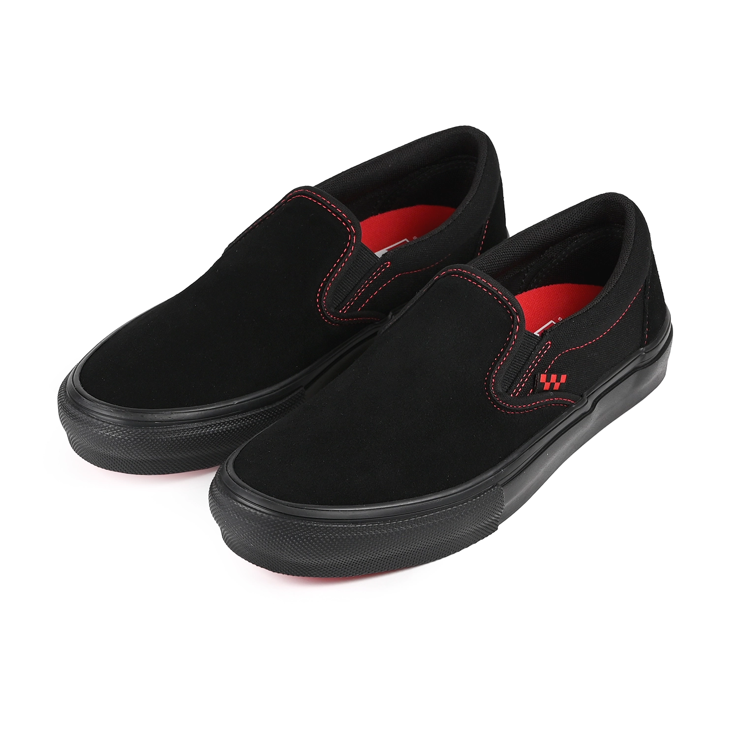 A pair of black Vans Skateboarding Skate Slip-On sneakers on white background