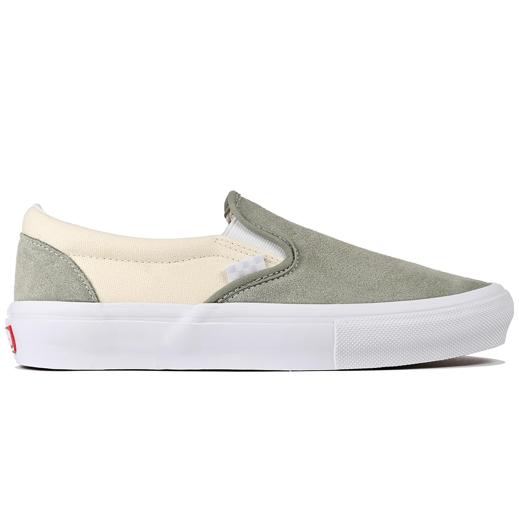  Vans Skateboarding Slip-On sneaker with a sage color scheme on a white background