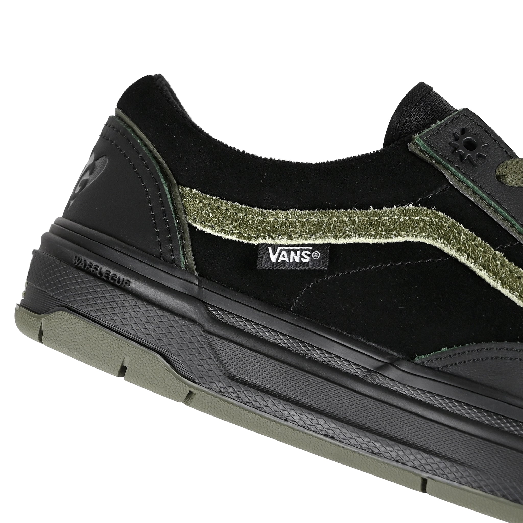Detail of Black Vans Skateboarding x Willow Voges Fernandes Skate Wafflecup skateboard sneaker on a white background