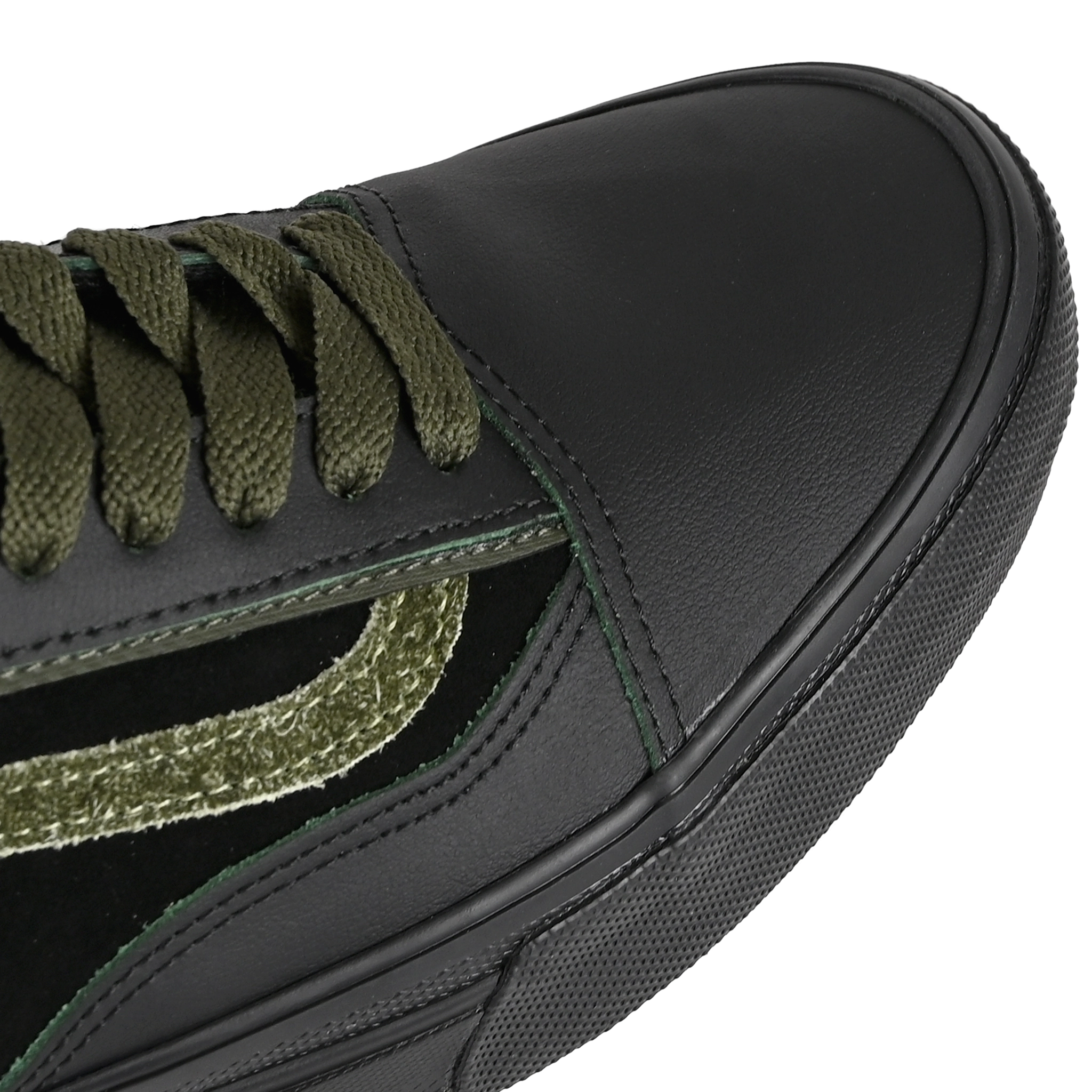 Toe box of Black Vans Skateboarding x Willow Voges Fernandes Skate Wafflecup skateboard sneaker on a white background