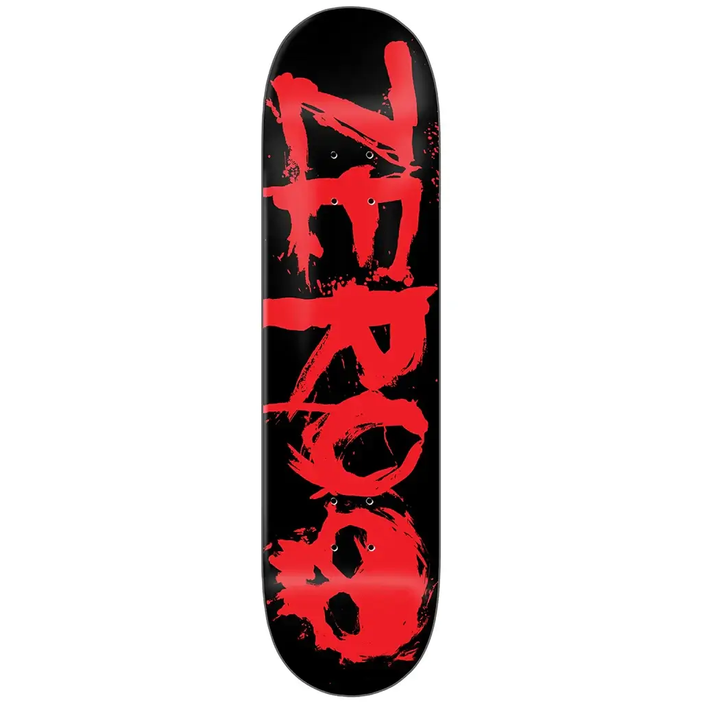 Zero Skateboards New Blood Text Deck in black with red text, 8.25 size, unique veneer color, grip tape sold separately.