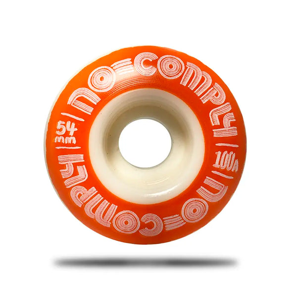 No-Comply 54 millimeter orange Circles logo skateboard wheel, available exclusively at No-Comply Skate Shop in Austin, TX