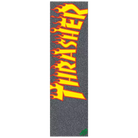 Thrasher Magazine flame logo on 9 inch by 33 inch sheet of black Mob griptape, available at No-Comply Skate Shop in Austin, TX