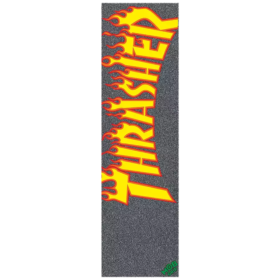 Thrasher Magazine flame logo on 9 inch by 33 inch sheet of black Mob griptape, available at No-Comply Skate Shop in Austin, TX