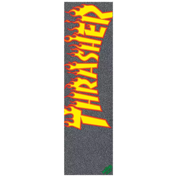 Thrasher Magazine flame logo on 9 inch by 33 inch sheet of black Mob griptape, available at No-Comply Skate Shop in Austin, TX