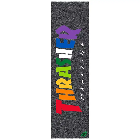 Thrasher Magazine rainbow logo printed on a 9 inch by 33 inch sheet of Mob griptape, available at No-Comply Skate Shop in Austin, TX