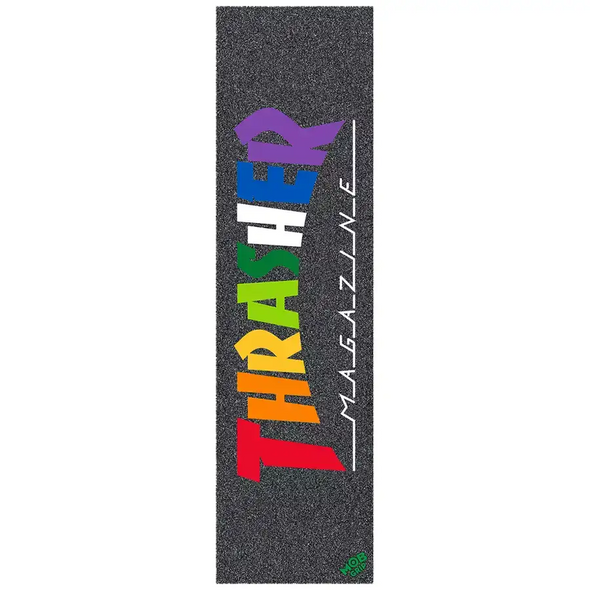 Thrasher Magazine rainbow logo printed on a 9 inch by 33 inch sheet of Mob griptape, available at No-Comply Skate Shop in Austin, TX
