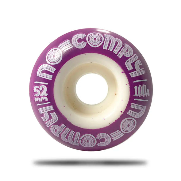 No-Comply 52 millimeter purple Circles logo skateboard wheel, available exclusively at No-Comply Skate Shop in Austin, TX