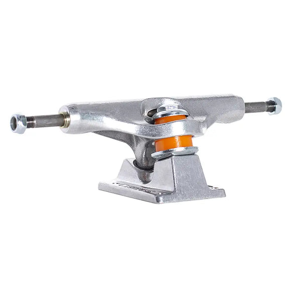 Polished silver Independent skateboard truck with reverse kingpin and orange bushings available at No-Comply Skate Shop in Austin, TX