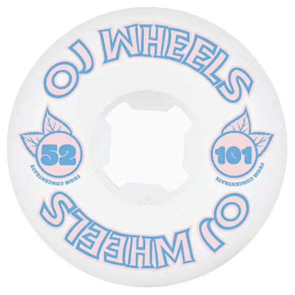 White OJs 52 millimeter blue Concentrate skateboard wheels, available at No-Comply Skate Shop in Austin, TX