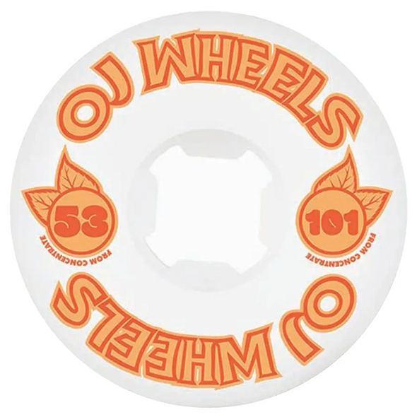 White OJs 53 millimeter orange Concentrate skateboard wheels, available at No-Comply Skate Shop in Austin, TX