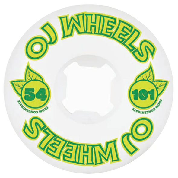 White OJs 54 millimeter green Concentrate skateboard wheels, available at No-Comply Skate Shop in Austin, TX
