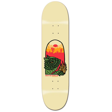 Beige Roger Skate Co. skateboard deck with lizard Michael Seiben illustrated in the middle, Austin Amelio debut pro model. Available at No-Comply Skate Shop in Austin, TX