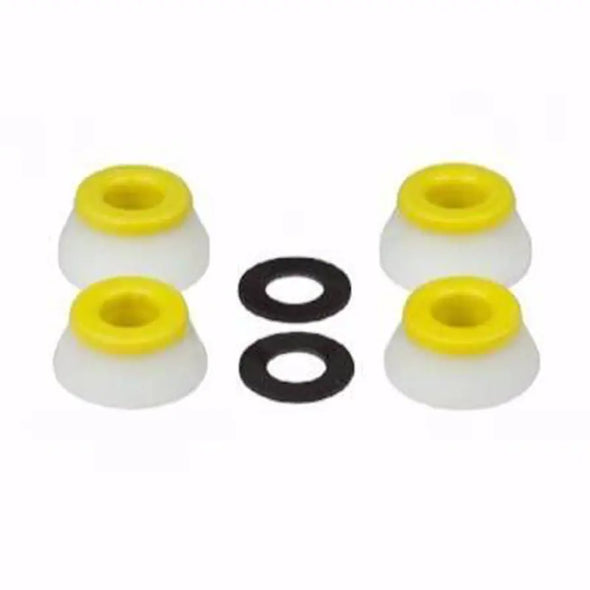 Set of 4 white and yellow Bones skateboard truck bushings with black washers, available at No-Comply Skate Shop in Austin, TX