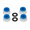 Set of white and blue Bones soft skateboard truck bushings, available at No-Comply Skate Shop in Austin, TX