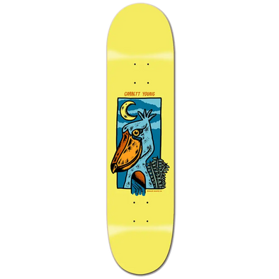 Yellow Roger Skate Co. skateboard deck with pelican Michael Seiben illustrated in the middle, Garrett Young debut pro model. Available at No-Comply Skate Shop in Austin, TX