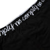 Men's black boxer briefs with white No-Comply Script font logo on waistband, available exclusively at No-Comply Skate Shop in Austin, TX