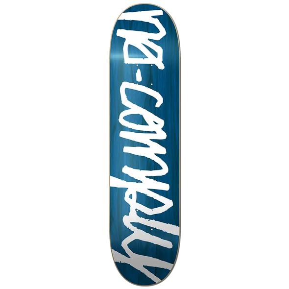 White No-Comply Script font on blue veneer color skateboard deck, available exclusively at No-Comply Skate Shop in Austin, TX