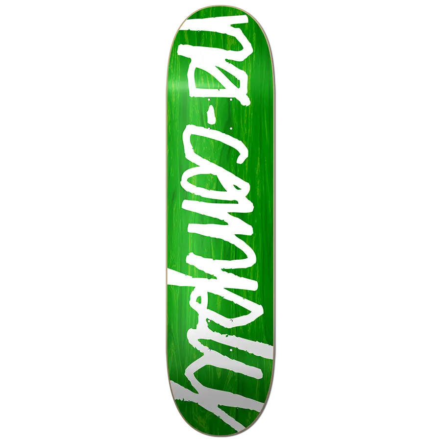 White No-Comply Script font on green veneer color skateboard deck, available exclusively at No-Comply Skate Shop in Austin, TX
