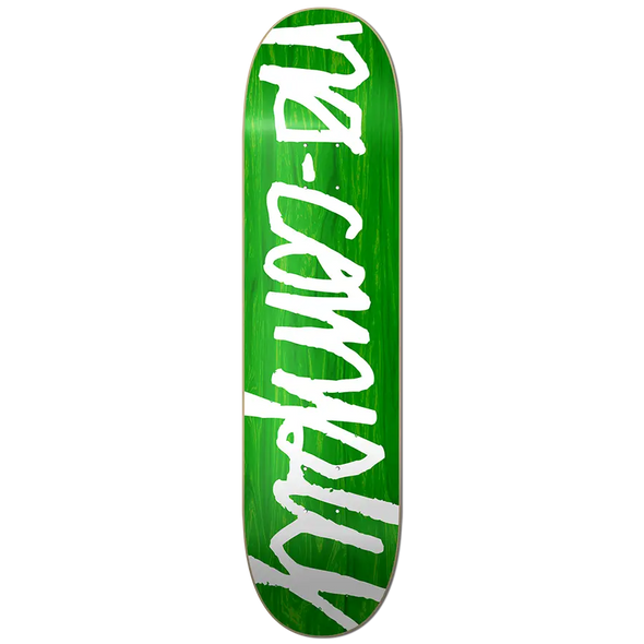  White No-Comply Script font on green veneer color skateboard deck, available exclusively at No-Comply Skate Shop in Austin, TX