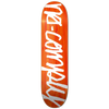White No-Comply Script font on red veneer color skateboard deck, available exclusively at No-Comply Skate Shop in Austin, TX