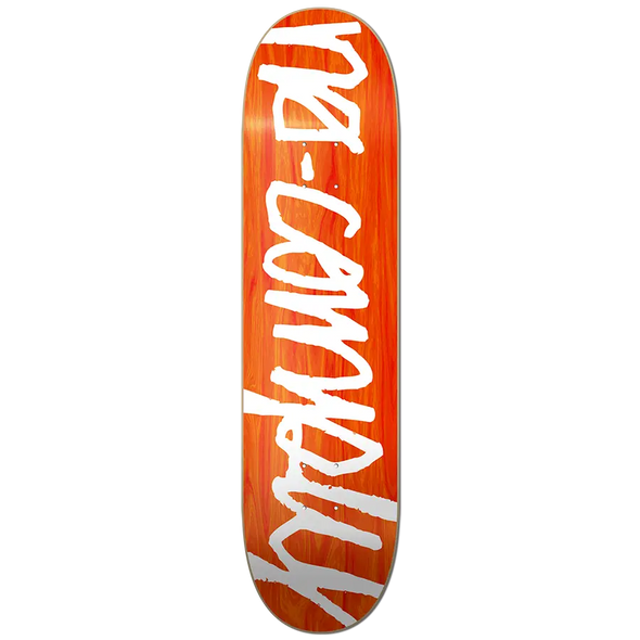 White No-Comply Script font on red veneer color skateboard deck, available exclusively at No-Comply Skate Shop in Austin, TX