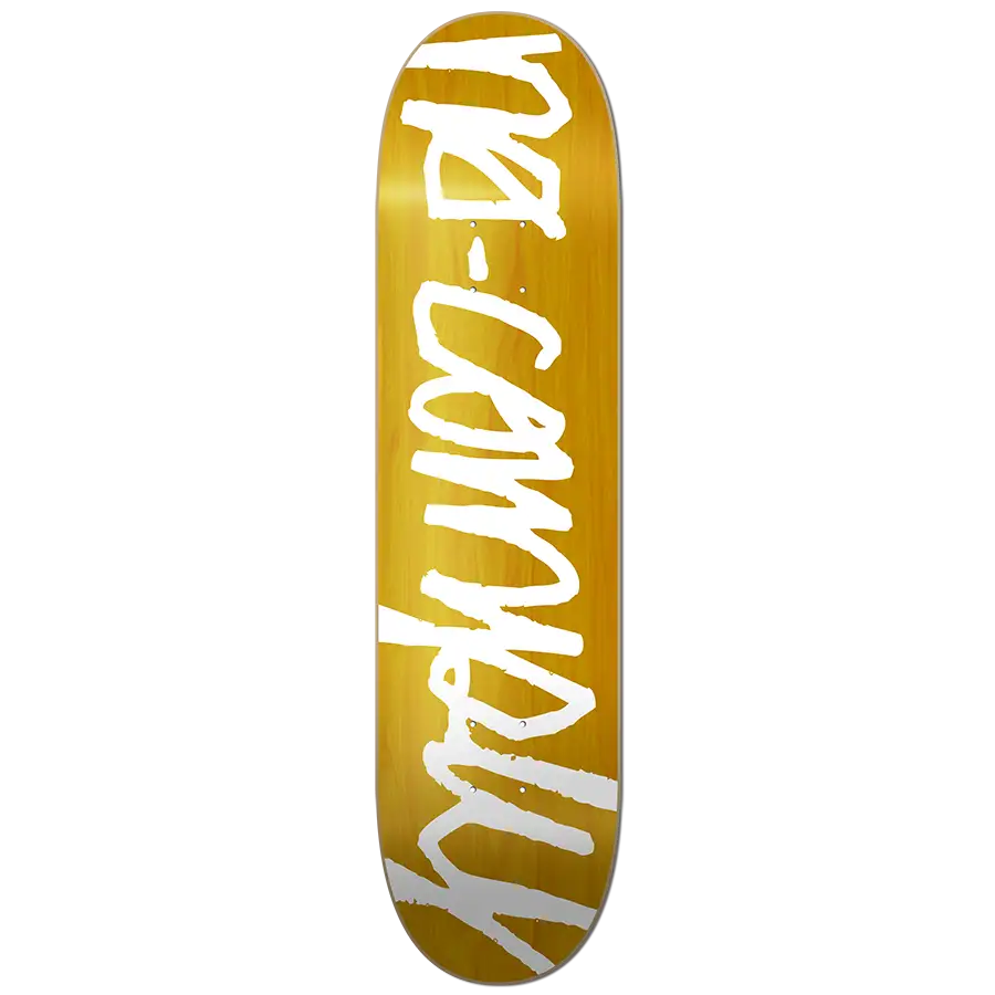 White No-Comply Script font on yellow veneer color skateboard deck, available exclusively at No-Comply Skate Shop in Austin, TX