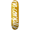 White No-Comply Script font on yellow veneer color skateboard deck, available exclusively at No-Comply Skate Shop in Austin, TX