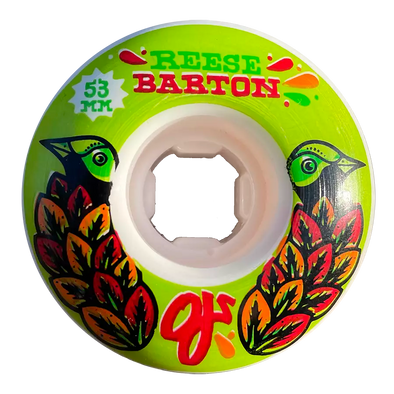 Green OJs Reese Barton pro model 53 millimeter skateboard wheel with custom Bush Birds artwork by Michael Sieben, available at No-Comply Skate Shop in Austin, TX