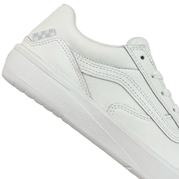 Right side heel cup of Vans Skateboarding Zahba LX VCU by Alltimers Skateboards in white leather with tonal Checkerboard Skate flag. Available at No-Comply Skate Shop in Austin, TX